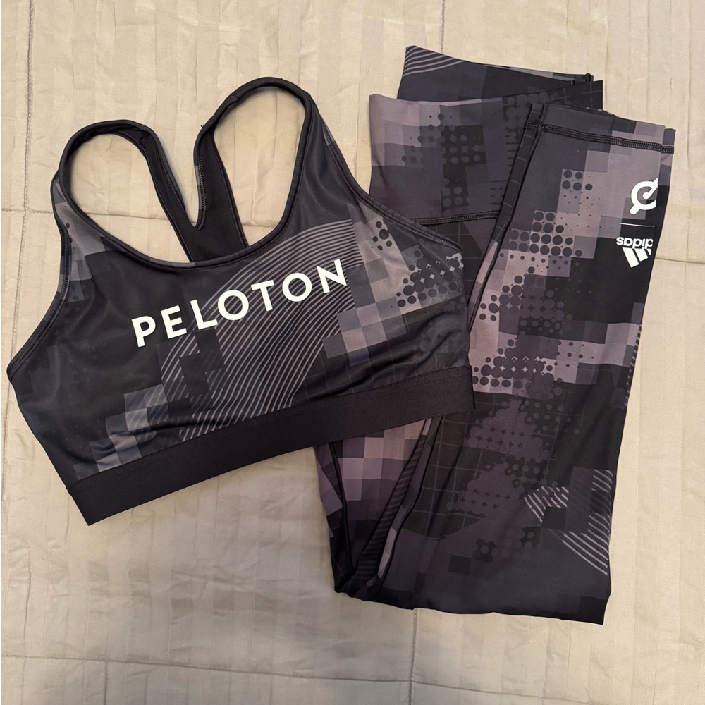 Peloton Black and Gray Sports Bra and Leggings Set